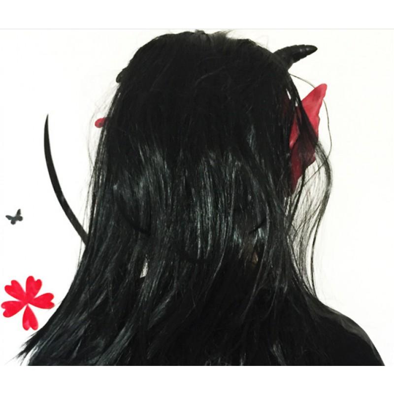 Halloween Devil Mask Long Hair Red Face Horns Scary Full Head Carnival Party