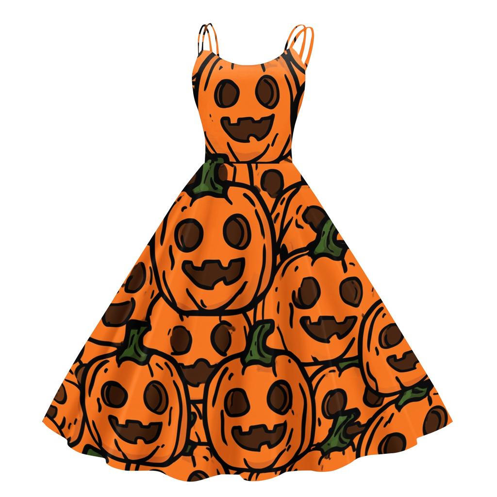 Women's Fashion Off-Shoulder Flared Dress with Halloween Print, Vintage