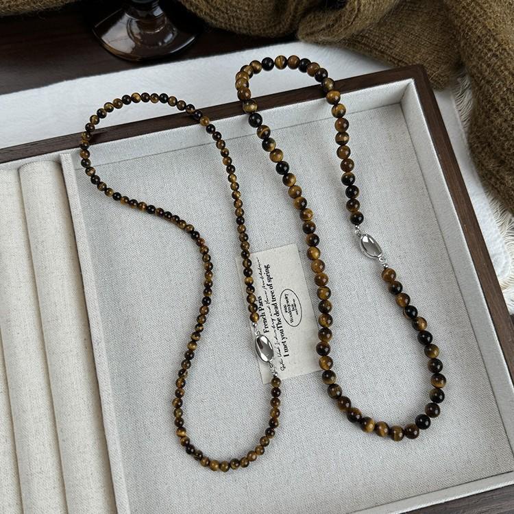 Maillard Tiger Eye Stone Beaded Coin Pendant Necklace, High-End Light Luxury Women's New Style