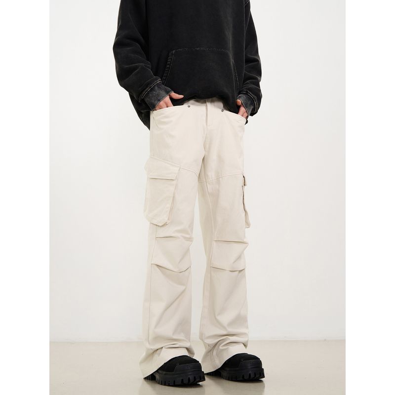 Kisko Niche American-Style Pleated Paratrooper Off-White Cargo Pants for Men and Women with Multiple Pockets, Loose Straight-Leg Casual Pants