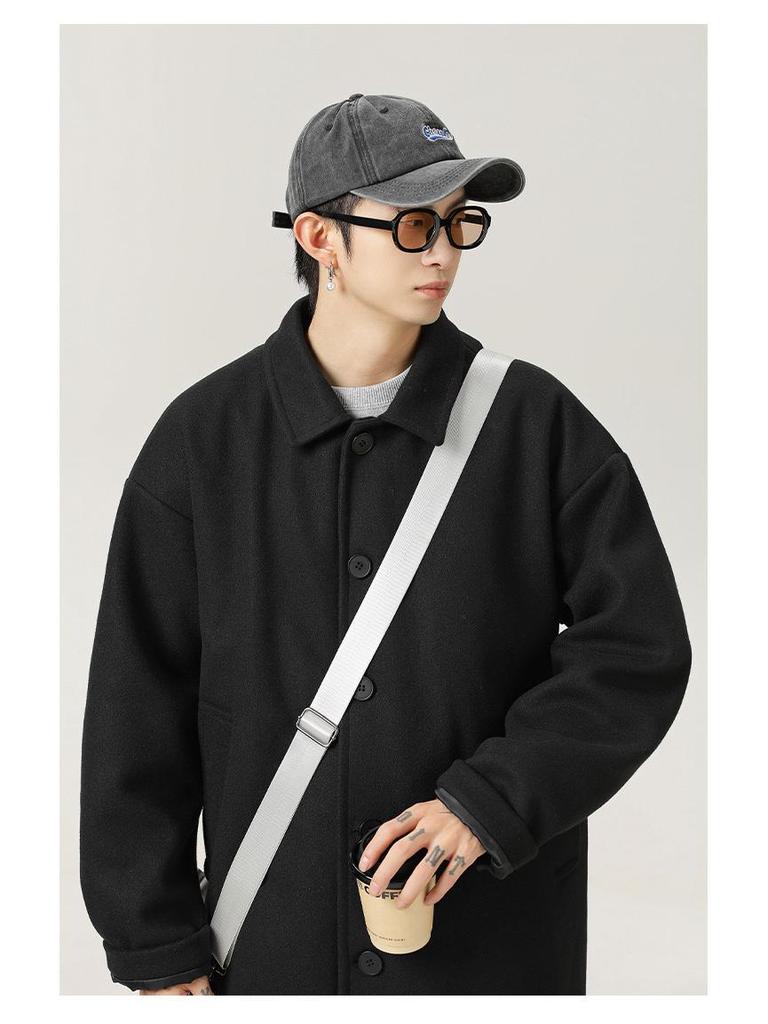 Men's Mid-Length Windproof Woolen Coat - Autumn/Winter, Japanese Style, Loose Fit, Thickened Lapel Jacket