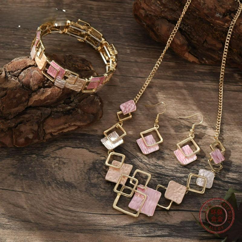 Barevný Olejový Geometrický Čtvercový Náušnice Stud Náramky Náhrdelník Sada, Vysoce Kvalitní Dámská Sada Šperků