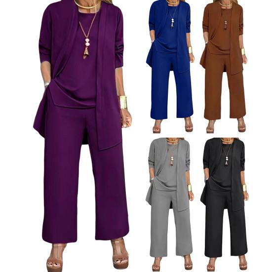 3 buc./set femeie haină vestă pantaloni set cardigan cu mânecă lungă cu decolteu o vestă fără mâneci cu talie elastică pantaloni cu picioare late costum pantalon lejer toamnă primăvară
