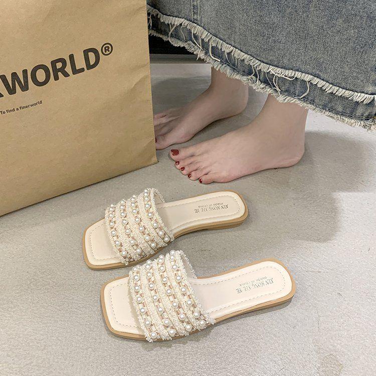 Large size women's shoes fairy style slippers women's summer outer wear 2025 summer new models with skirts flat bottom square head seaside cool slipp