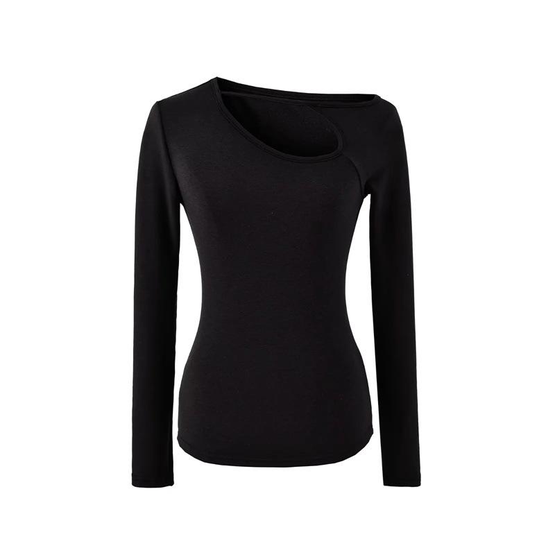 

Design Sense Oblique Neckline Hollow Long-Sleeve Slim-Fit Velvet Top for Women - Autumn/Winter Sexy Base Layer Medium