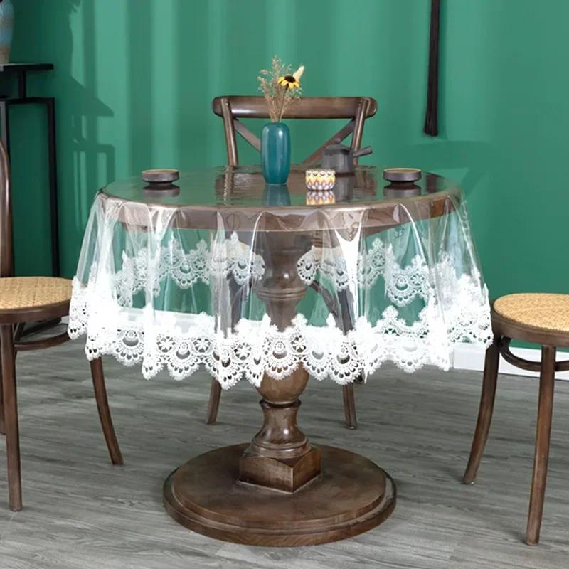 

New Waterproof Oil-proof Tablecloth PVC Table Cloth Oilproof Lace Table Cover for Dining Table Lace Hem Transparent Tablecloth Round 80cm