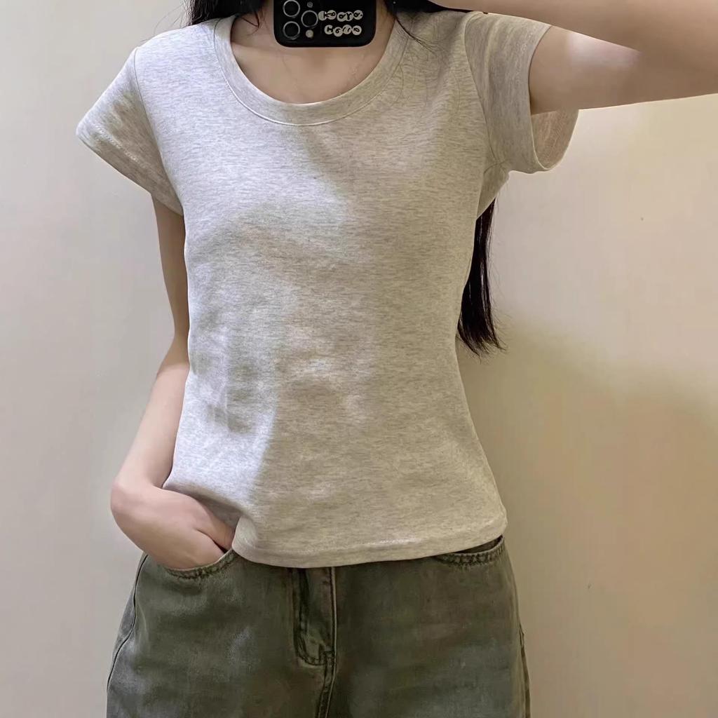 Women's American Style Slim Fit Crew Neck Cotton T-Shirt - 2026 Summer Design, Short Sleeve, Cinched Waist