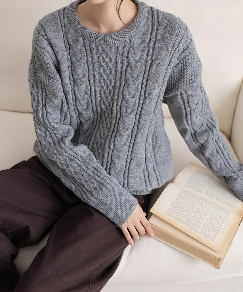 Ppaeppae Round Neck Voluminous Cable Knit Loose Fit Long Sleeve Knit T-Shirt 4 Colors
