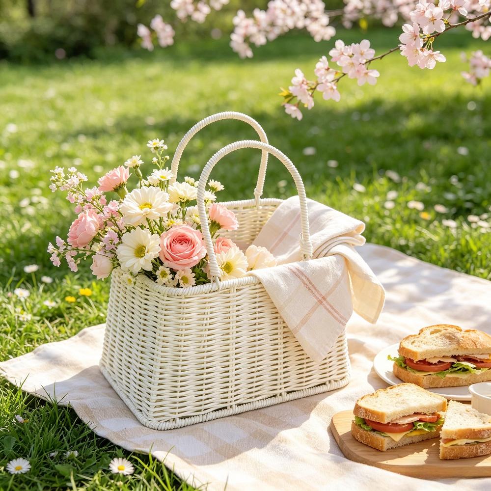 Woven Rattan Tote Basket with Handle for Grocery Shopping Picnic Gift Baskets Kitchen Bathroom Organizing Home Storage and Decor