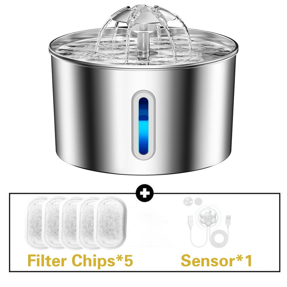 2.2L/74oz Cat Auto Drinking Water Dispenser Smart Dogs Fountain Pet Feeder With Window Stainless Steel Water Bowl(No 5V 1A Plug
