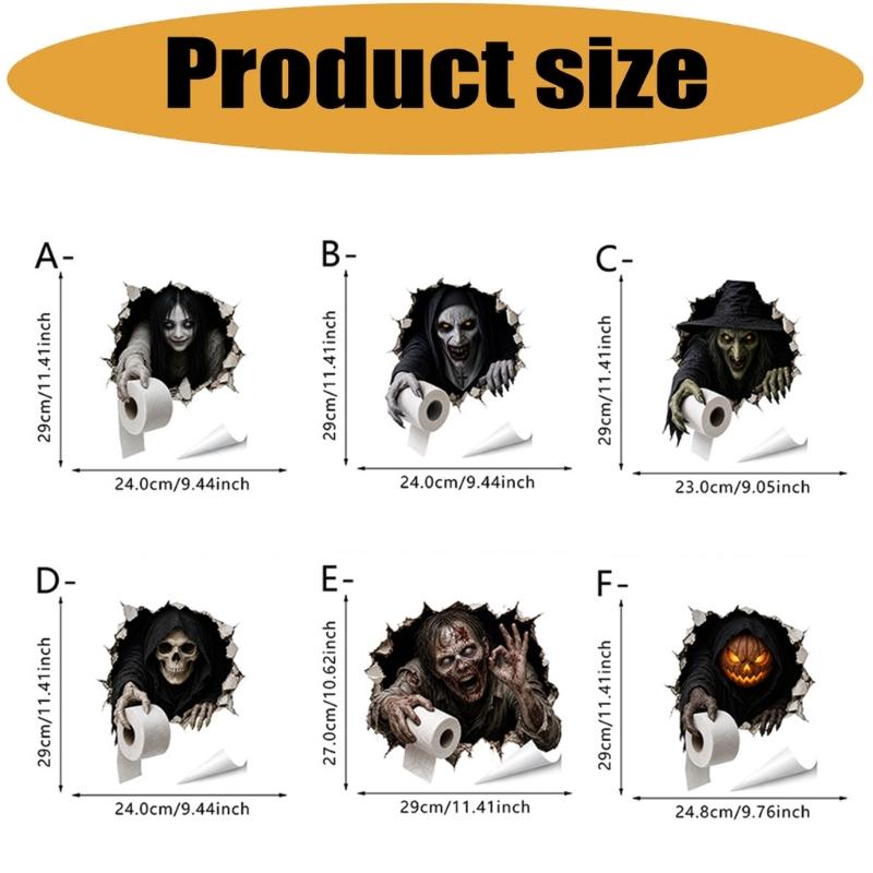 6-Piece Halloween Horror Toilet Stickers Bathroom Wall Decal Set, Water-Resistant PVC Characters for Smooth Toilet, Tile, and Other Flat Application