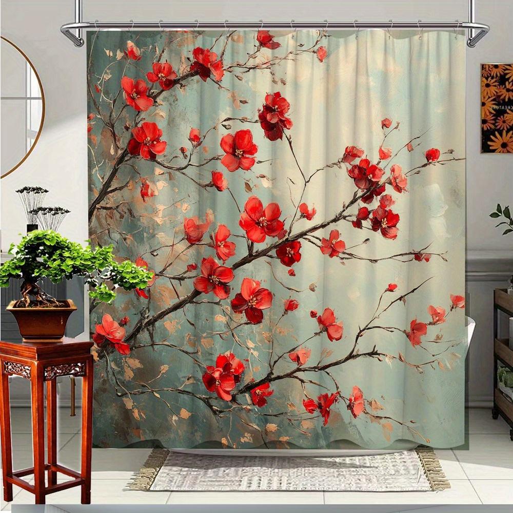 1Pc Floral Natureinspired Shower Curtain With Cherry Blossom Print For Aesthetic Ambiance In Your Bathroom Decor Polyester Fabri