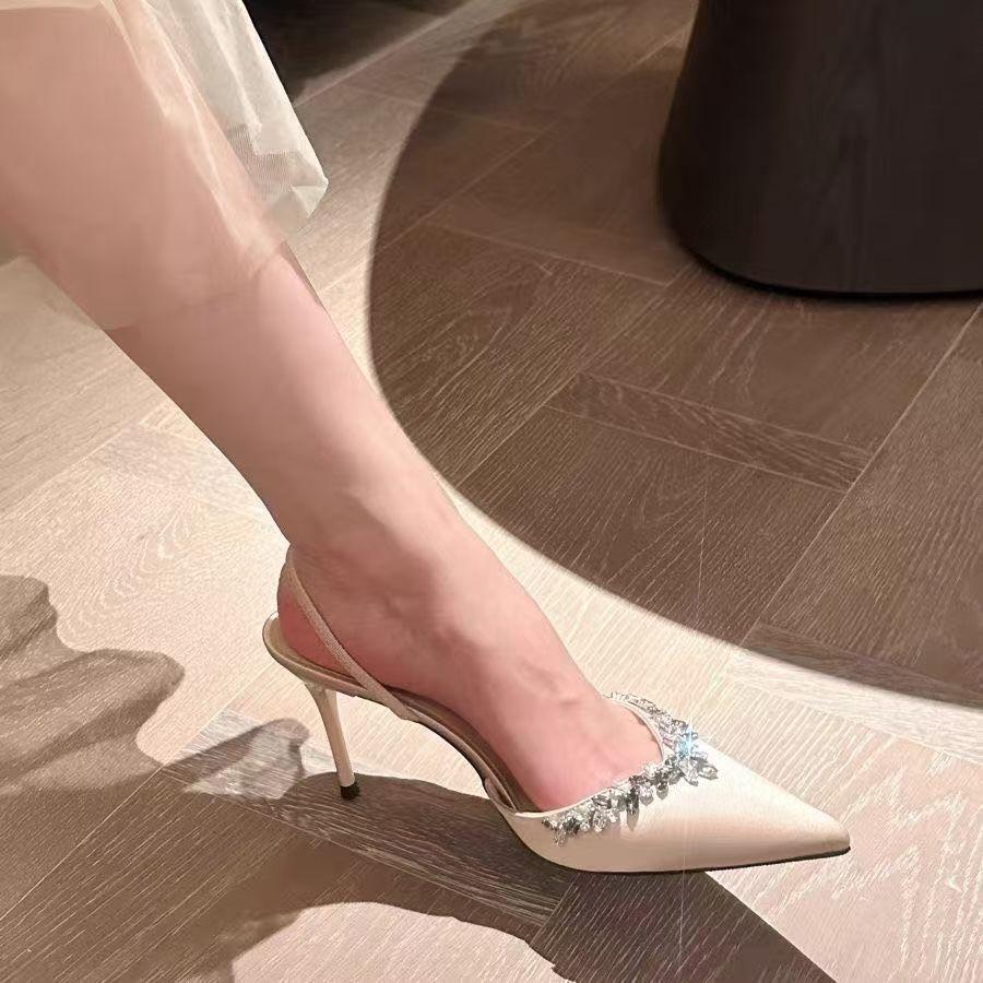 Two Wear Banquet Beige Thin Heel Bag Head Sandals 2025 Summer New French Satin Pointed Rhinestone High Heels