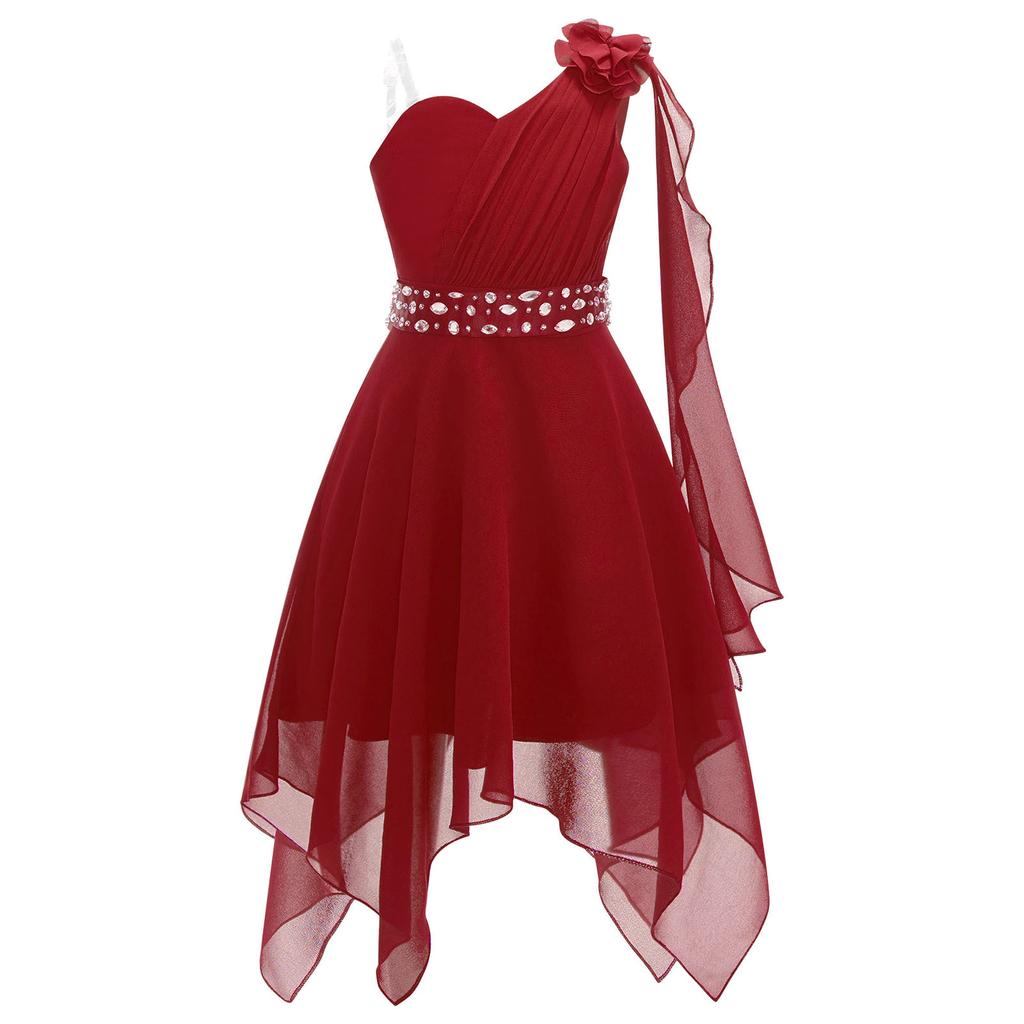 Girls One Shoulder Sleeveless Flower Girl Dress Kids Ruched Applique Pageant Wedding Bridesmaid Dresses