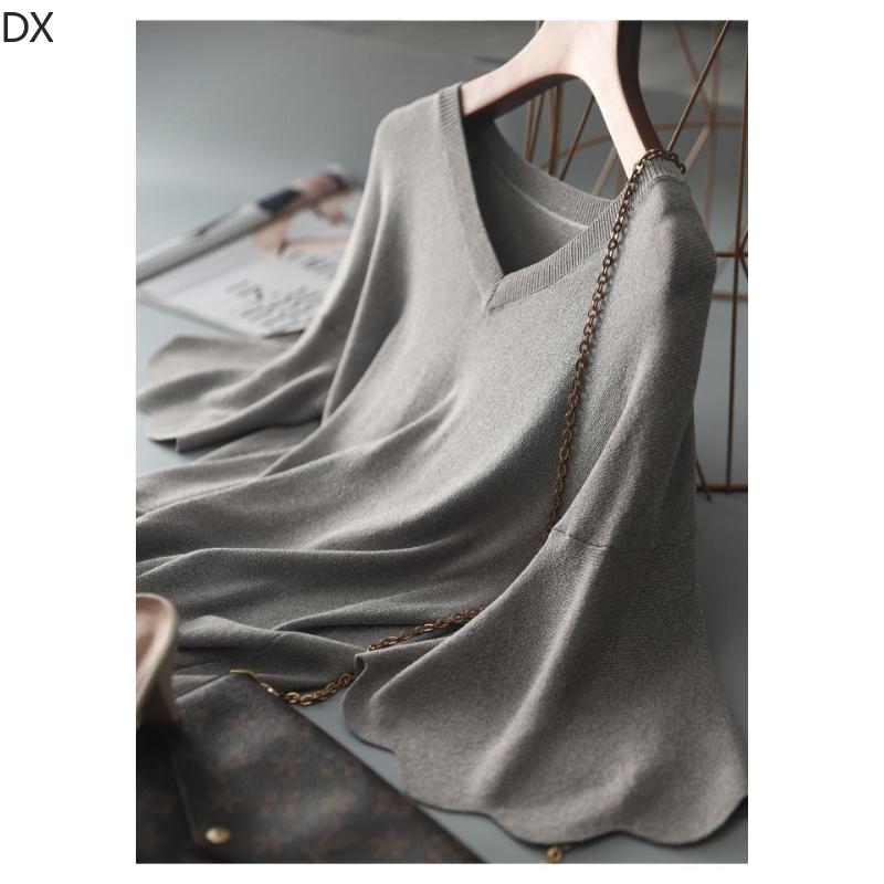 DX-Micro rozšířený okvětní lístek rukáv top s výstřihem do V dámské letní pletené tričko volný krátký rukáv ledový hedvábný svetr tenký dámská košile zahraničního stylu