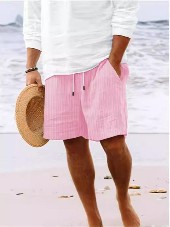 Men's Striped Cotton Linen Beach Shorts with Multi-Pocket and Drawstring