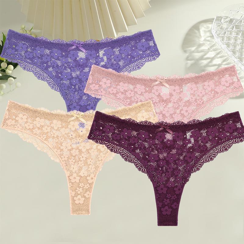 FINETOO 4Pcs Women Lace Floral Underwear Sexy Hollow Out Thongs Breathable Low Waist Panties Girls Invisible Stretchy Lingerie
