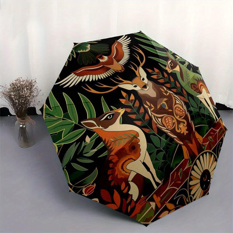 Nature's Harmony: Circular Art Print with Wildlife Motifs Umbrella, Cute Umbrella with Cute Design, Portable 3-Fold Compact Umbrella for Men & Women,