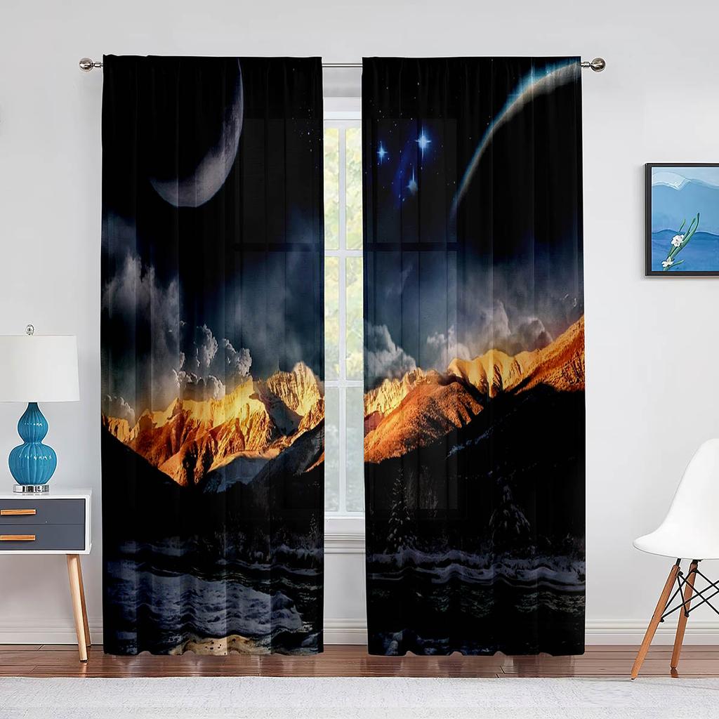 Night Sky Full Moon and Foggy Clouds with Sea Ocean Tulle Curtains for Living Room Bedroom Sheer Voile Kitchen Window Curtain