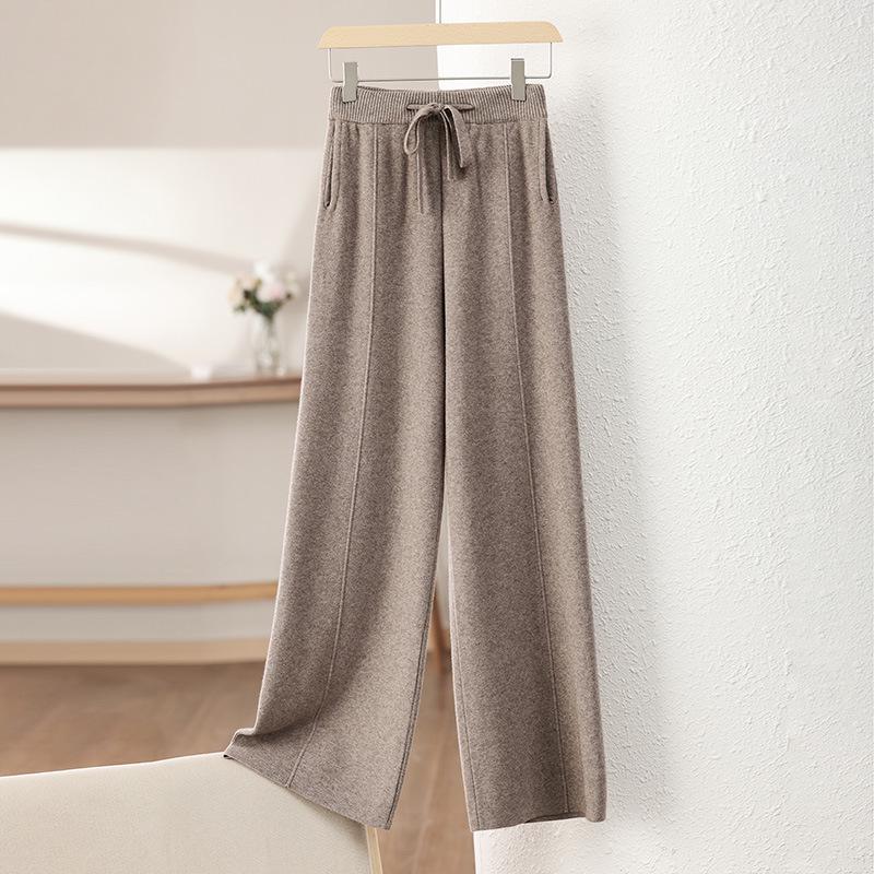 New White Wide-Leg Knitted Pants with Drawstring - Loose, Thickened, Plus Size for Autumn & Winter Casual Wear
