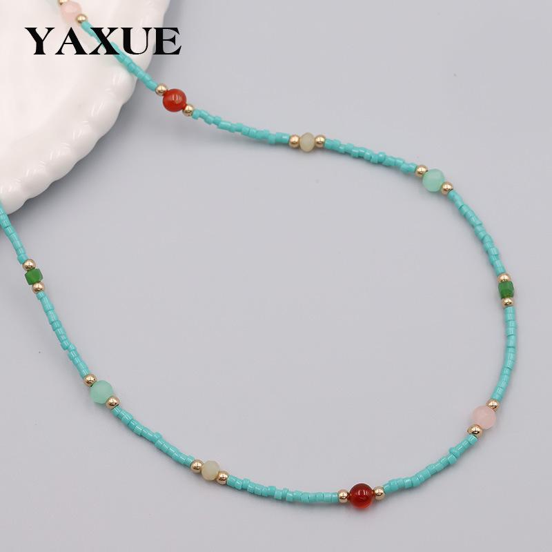 Turquoise Beaded Choker Necklace with Multicolor Accents – Gold Tone Adjustable Boho Necklace for Women, Summer Beach Jewelry Gift