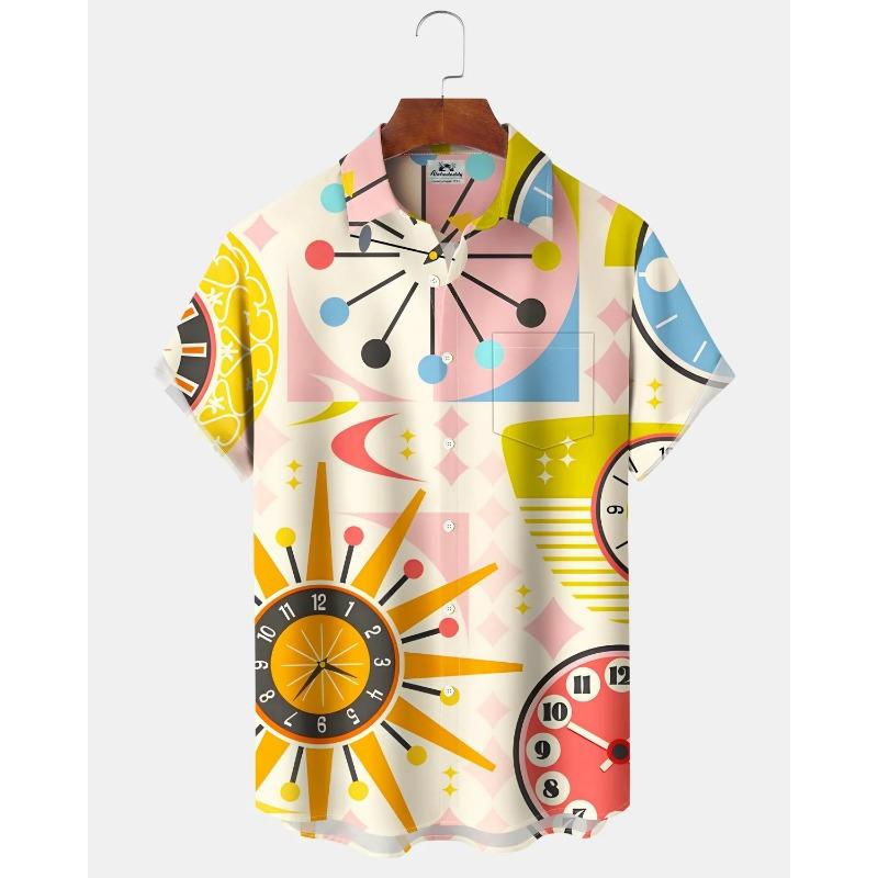 Men's Cute Cat Cartoon Geometric Print Hawaiian Shirt Short Sleeve Casual Beach Vacation Summer Button-Up Top