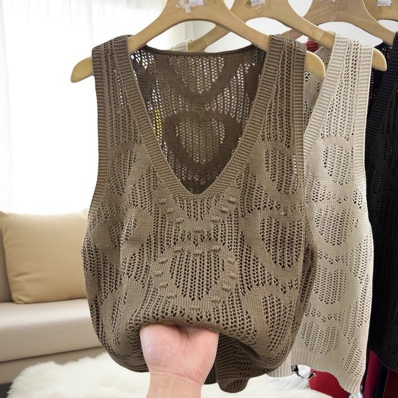 Senior Women's V-Neck Hollow-Out Knitted Vest Spring Fashion Layering Cardigan Cover-Up