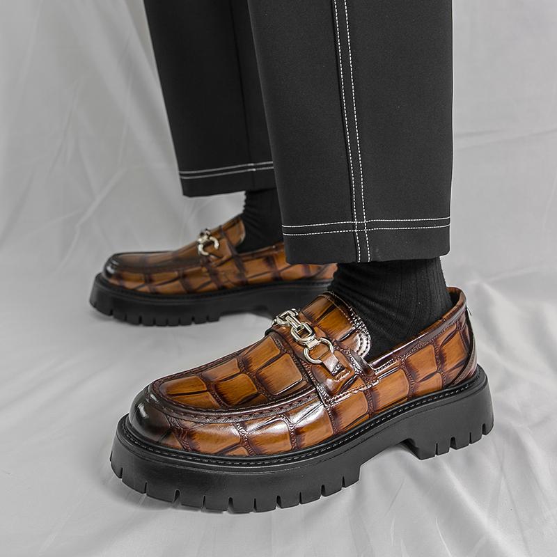 Fashion Retro Brand Men's Crocodile Leather Comfortable Thick Soled Derby Shoes Spring Men's Retro Lace Up Business Casual Leather Shoes