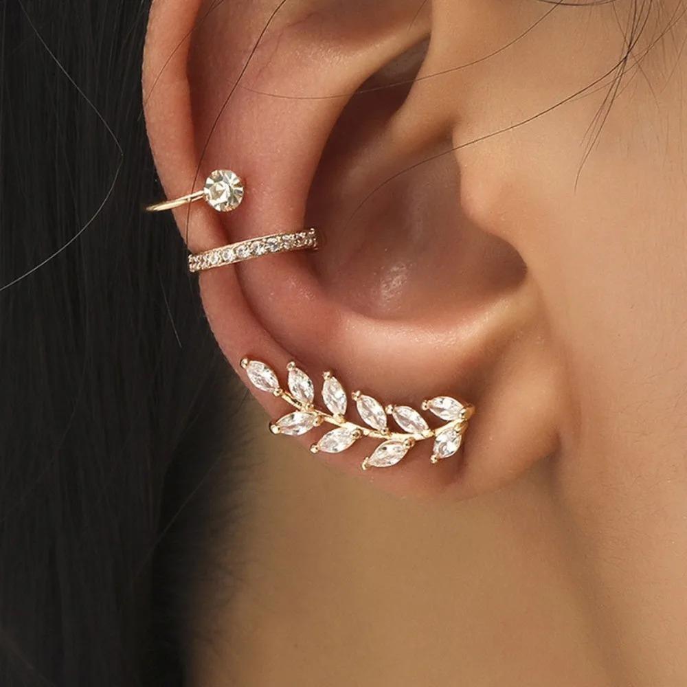 3pcs Set Temperament Charm Sparkly Inlaid Zircons Leaf Flower Sunflower Stud Earrings No Ear Piercing Ear Clip for Women Jewelry