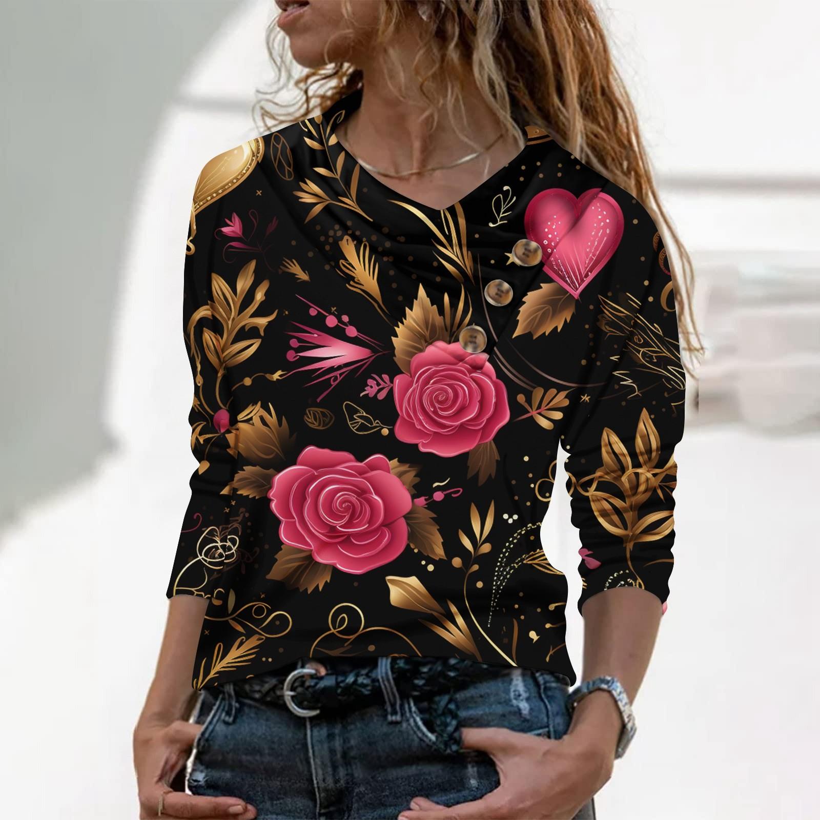 

Женская повседневная рубашка с длинными рукавами и V-образным вырезом на пуговицах с модной футболкой с принтом L