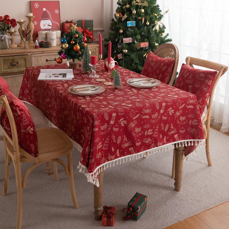 Christmas Red Jacquard Tablecloth With Tree Bell Deer Tassel Waterproof Dining Coffee Table
