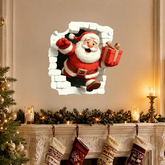 3D Holiday Wall Stickers Christmas Santa Stickers, Claus Reindeer Break-Through Self-Adhesive Decorative Window Film Decal, Removable for Living Room