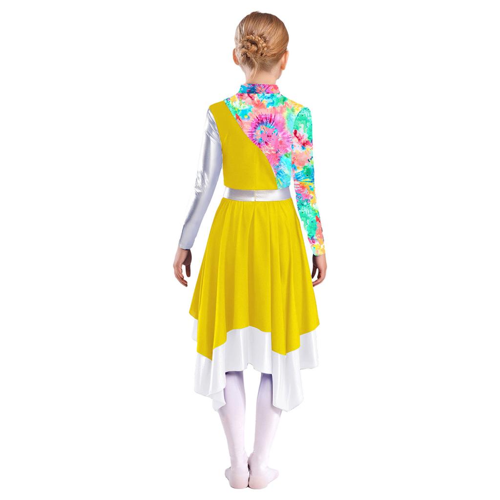 Dziewczęca liturgiczna sukienka do tańca pochwalnego z imitacją golfu, długim rękawem, stylowym nadrukiem, metalicznym color blockiem, o nieregularnym kroju