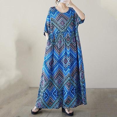 Kurzarm-Übergrößen-Baumwollsatin, Vintage-Neuheiten in Kleidern für Damen, lässig, locker, lang, Sommerkleid