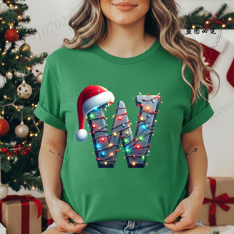 Women's Casual T-Shirt Christmas-lights-wrapped-letter Graphic Tshirt Christmas Design Round Neck Short Sleeve Tee Shirt Clothes