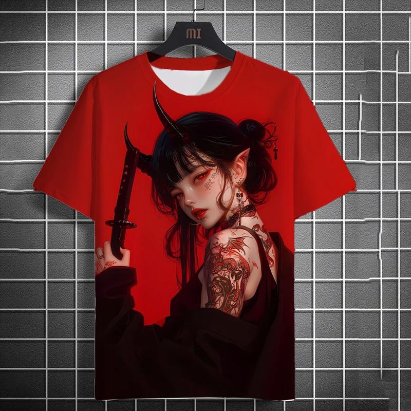 

Men s Tattoo Bad Girl T-shirt Stereoscopic Cartoon Pattern Harajuku Street Style Loose Breathable Summer Short Sleeve Top S