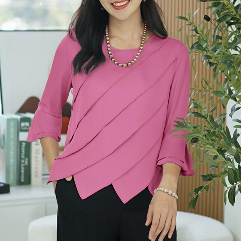 

ZANZEA Жіноча повсякденна літня блуза з круглим вирізом та рукавом 3/4 незвичайної форми S рожевий