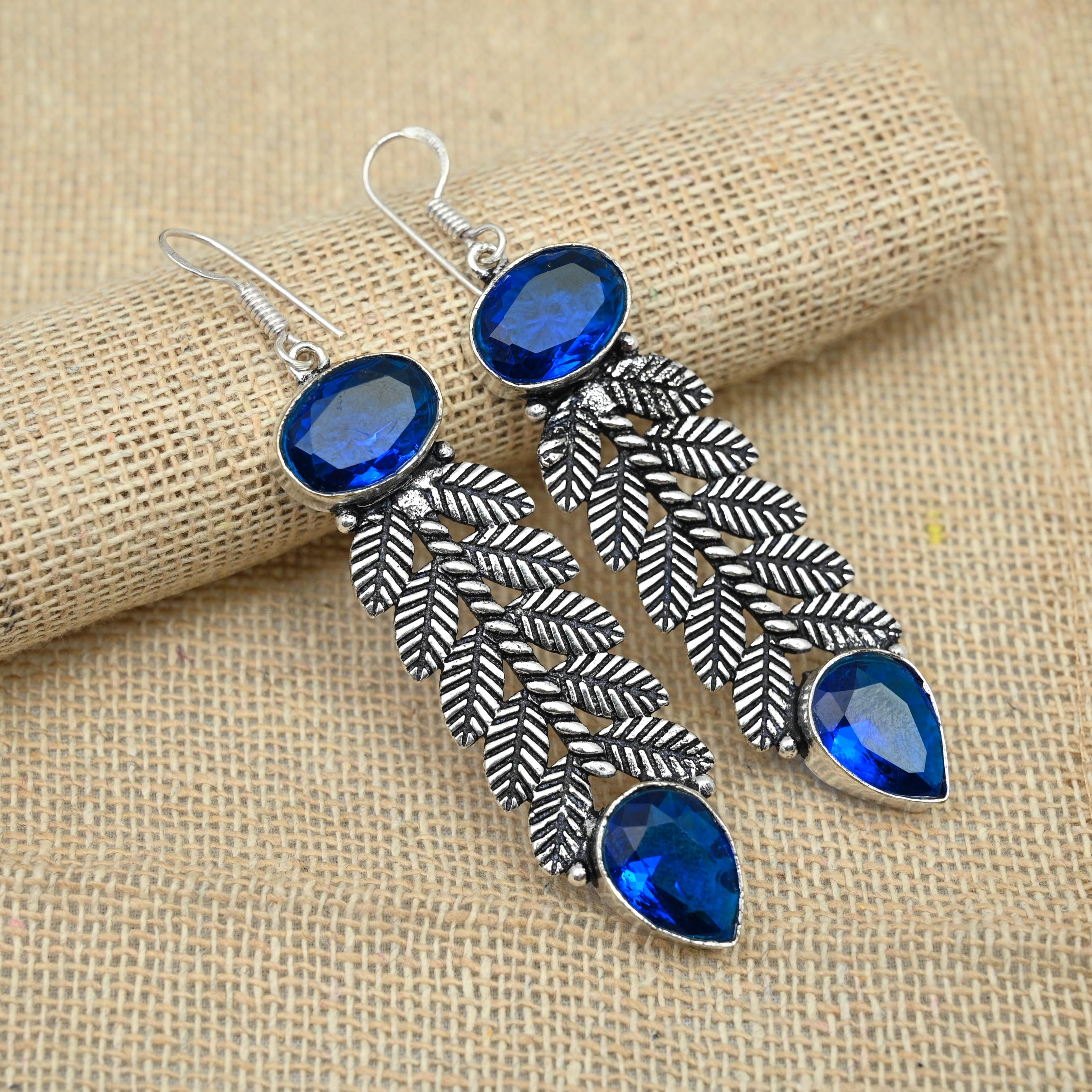 

Ювелирные изделия ручной работы из стерлингового серебра 925 пробы с синим сапфиром, созданные в лаборатории, свадебные подарочные серьги 2.95 Inches синий