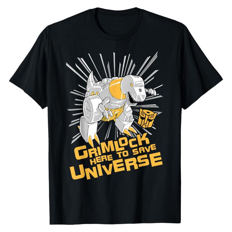 

Dino Hero TShirt Transformers Grimlock Here to Save Universe Printed Crew Neck Cotton Oversized Retro High Street Fashion Tops S