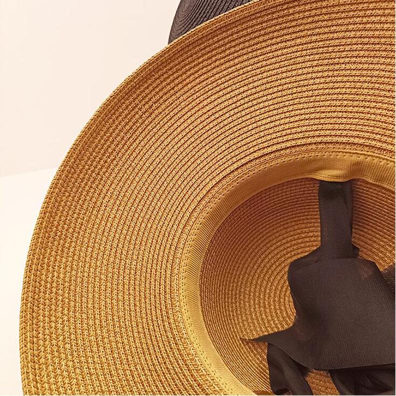 Hepburn Style Big-Brimmed Straw Hat Women'S Summer French Foldable Sunscreen Face Cover Vacation Beach Travel Sun Hat Flat Top