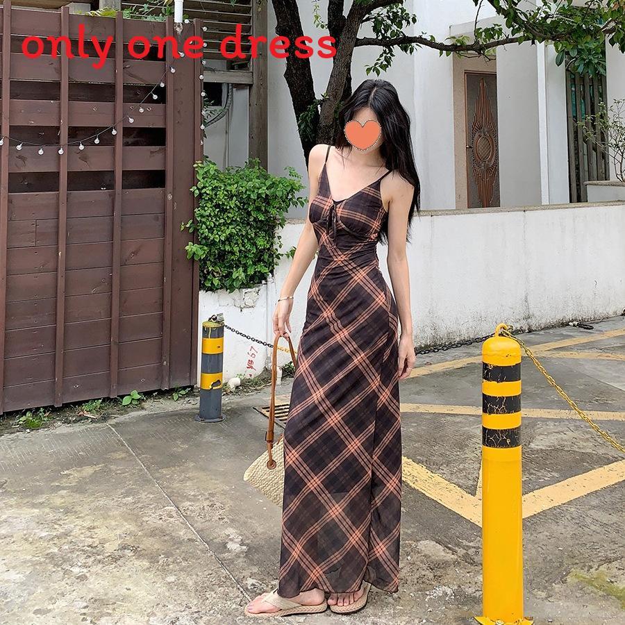 Vintage French Style Gingham Slip Dress With Mesh Overlay For Summer Casual Wear