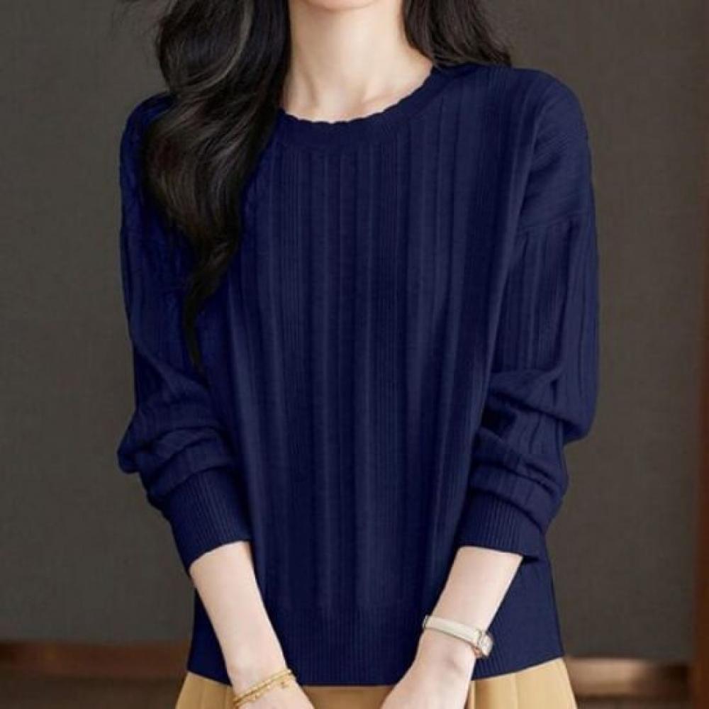 Navava Simple Daily Ribbed Solid Round Neck Long Sleeve Knit Sweater Nk3494