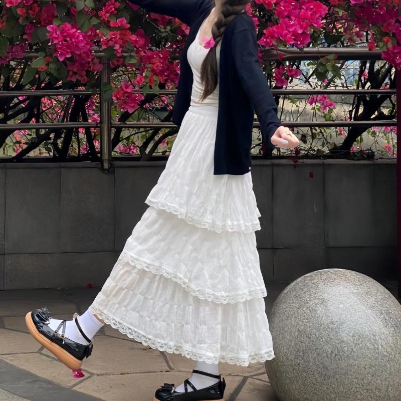 Women's Spring Balletcore Sweet White Lace-Trimmed Chiffon Tiered Puffy Maxi Skirt - High-Waist Tutu Style Half Skirt
