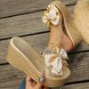 Gold Thick Sole Wedge Slippers Women  Summer Silk Bowtie Chunky Platform Sandals Woman  43 Non-slip Beach Shoes