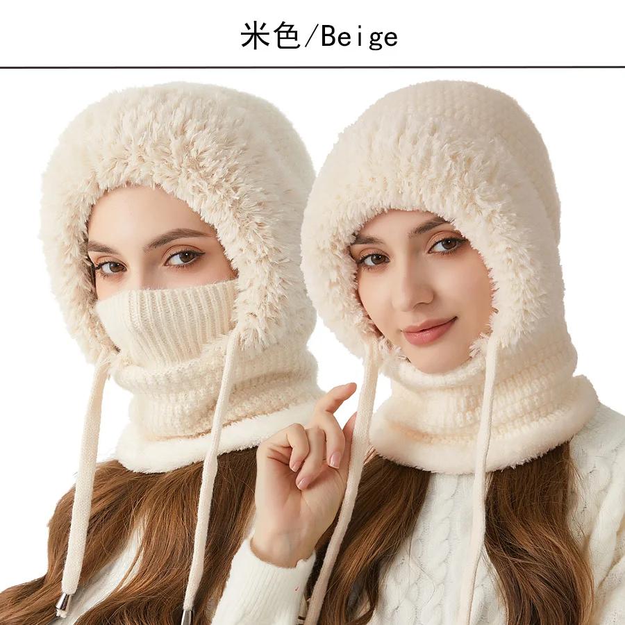 

Mask Scarf All-in-One Hat Women s Adult Outdoor Riding Warm Knitted Spandex/Polyester Image Velvet Ear Protection One-piece Cap бежевий