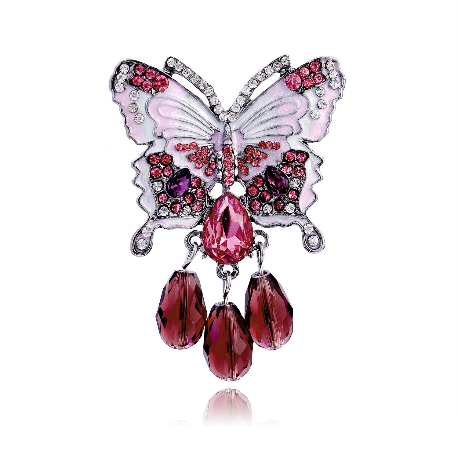 Pink Butterfly Brooch with Crystal Tassel Enamel Rhinestone Alloy Pin for Women розовый