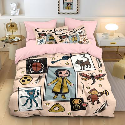 3-teiliges Gitter-Spleißelement Cartoon-Mädchen bedrucktes kernloses Bettbezug-Set, Mehrere Größen Schlafzimmer Wohnheim Weich und Maschinenwaschbar