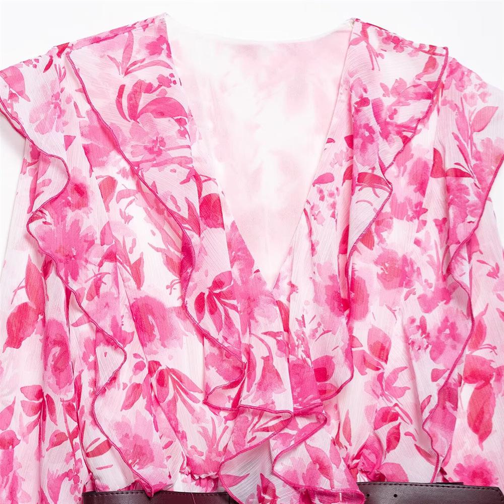 2025 Spring/Summer Women's Slim-Fit Pleated Patchwork Print Dress with Belt