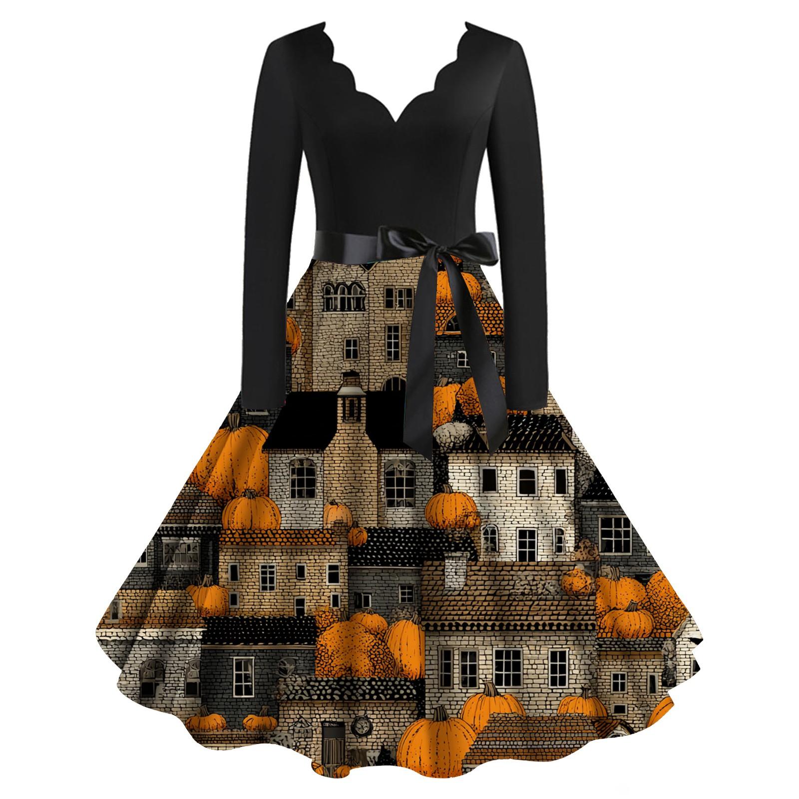 

Расклешенное платье с принтом Хэллоуина для женщин Платье с длинным рукавом Повседневные платья XL