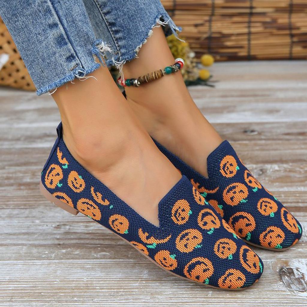 Women's Halloween Pumpkin Knit Flats Round Toe Comfort Shoes for Casual Costume Party